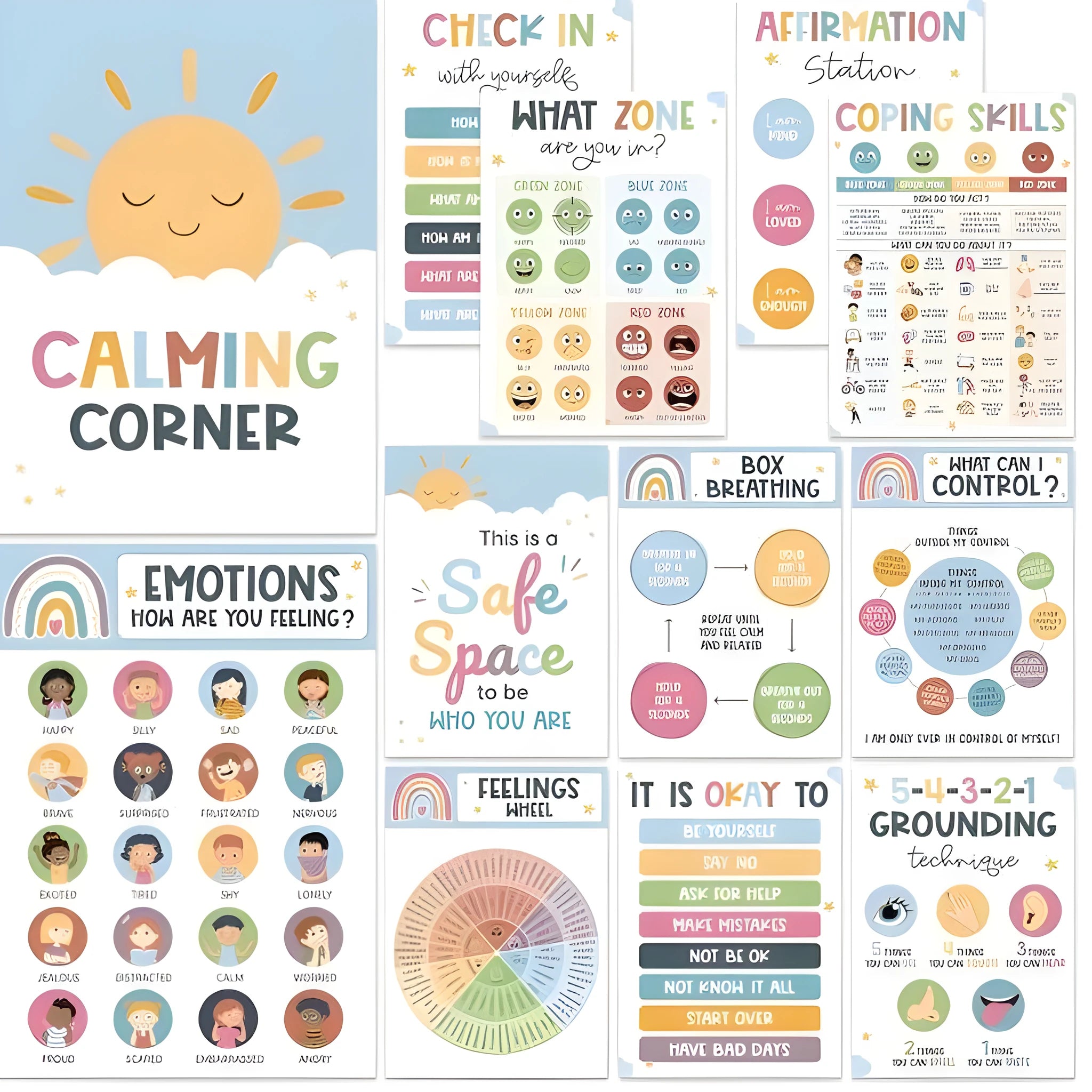 Calm corner poster set with 12 or 16 sheets in 35x25cm or 42x28cm sizes for classroom decoration
