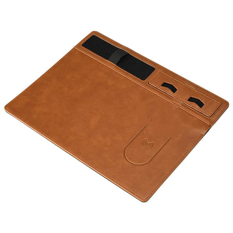 Wireless charging mouse pad with phone holder in black, showing USB cable and 320mm by 260mm size.