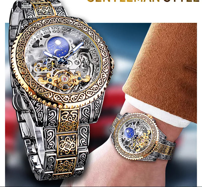 Forsining yellow stainless steel skeleton automatic mechanical watch showing carved tourbillon movement
