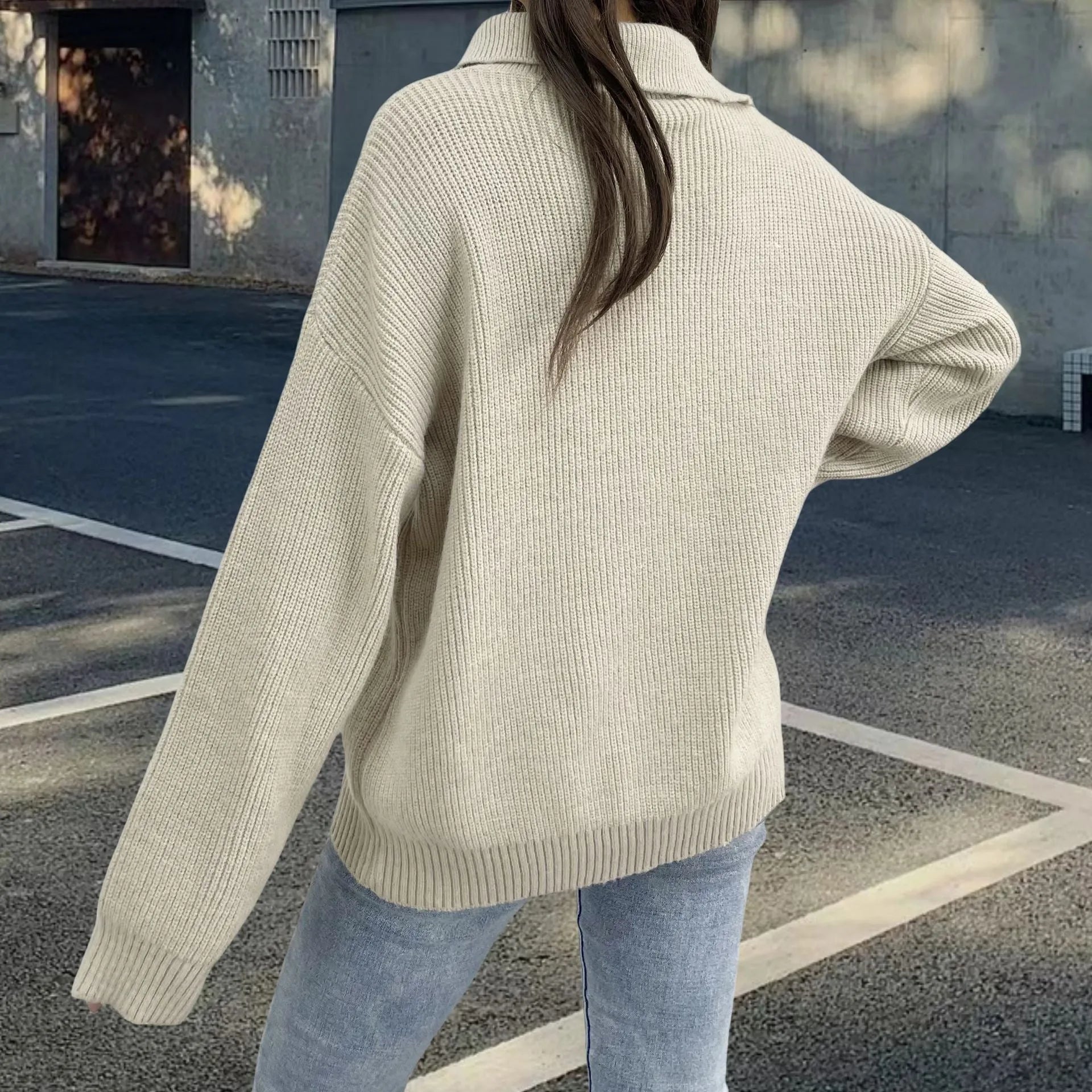 Women's light khaki alpaca fleece pullover sweater with a diagonal zip and retro turtleneck collar.