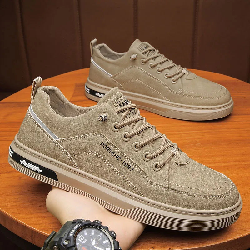 Men's waterproof casual shoes in khaki with a round toe, low-top design, and a non-slip rubber sole.