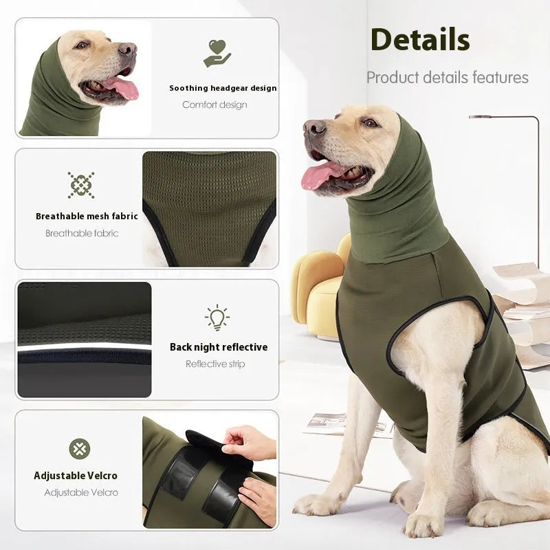 Dog wearing polyester anti-anxiety jacket in army green colour, sizes available from XS to XXXL