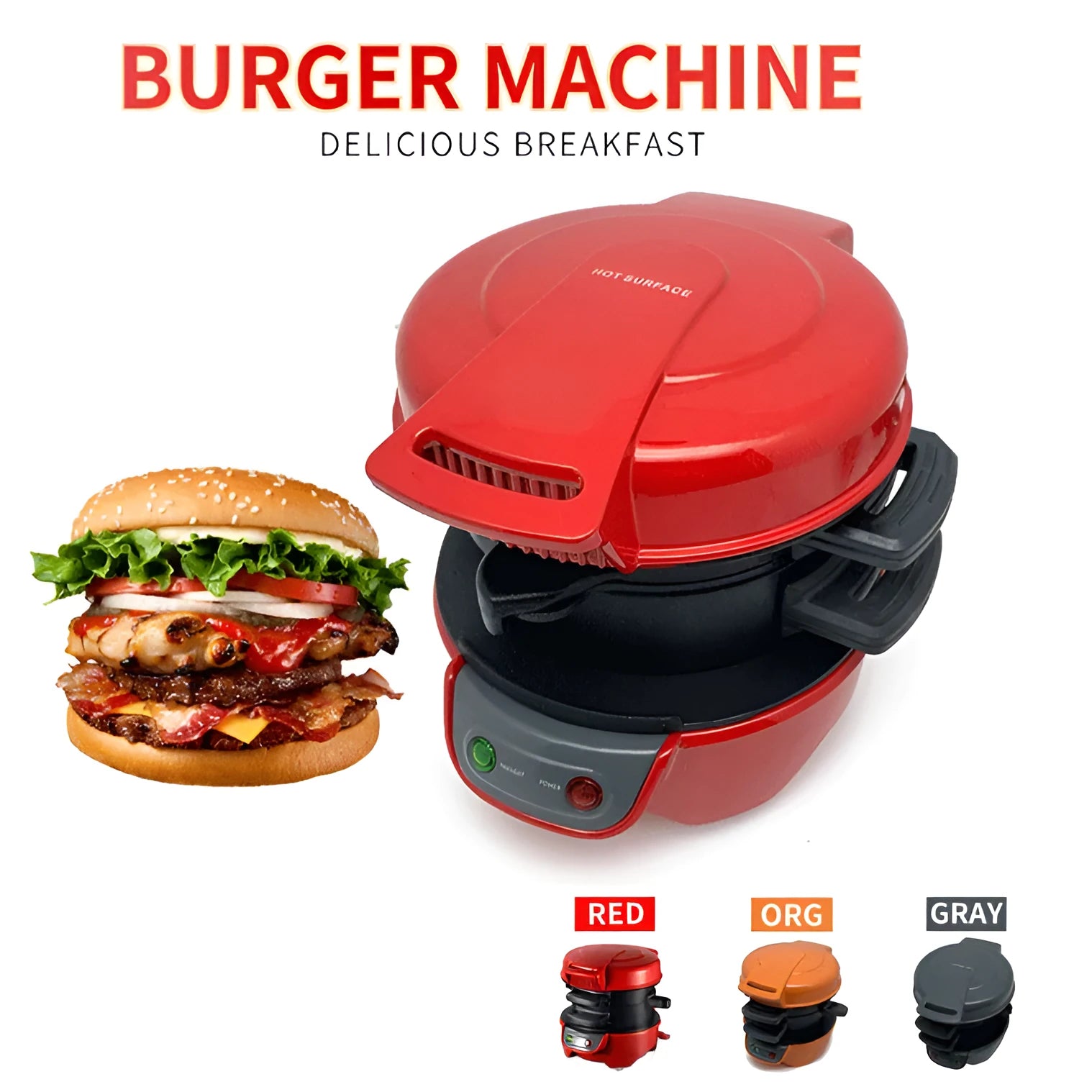 Bright red orange silver grey breakfast machine sandwich maker with egg cooker ring and waffle functions