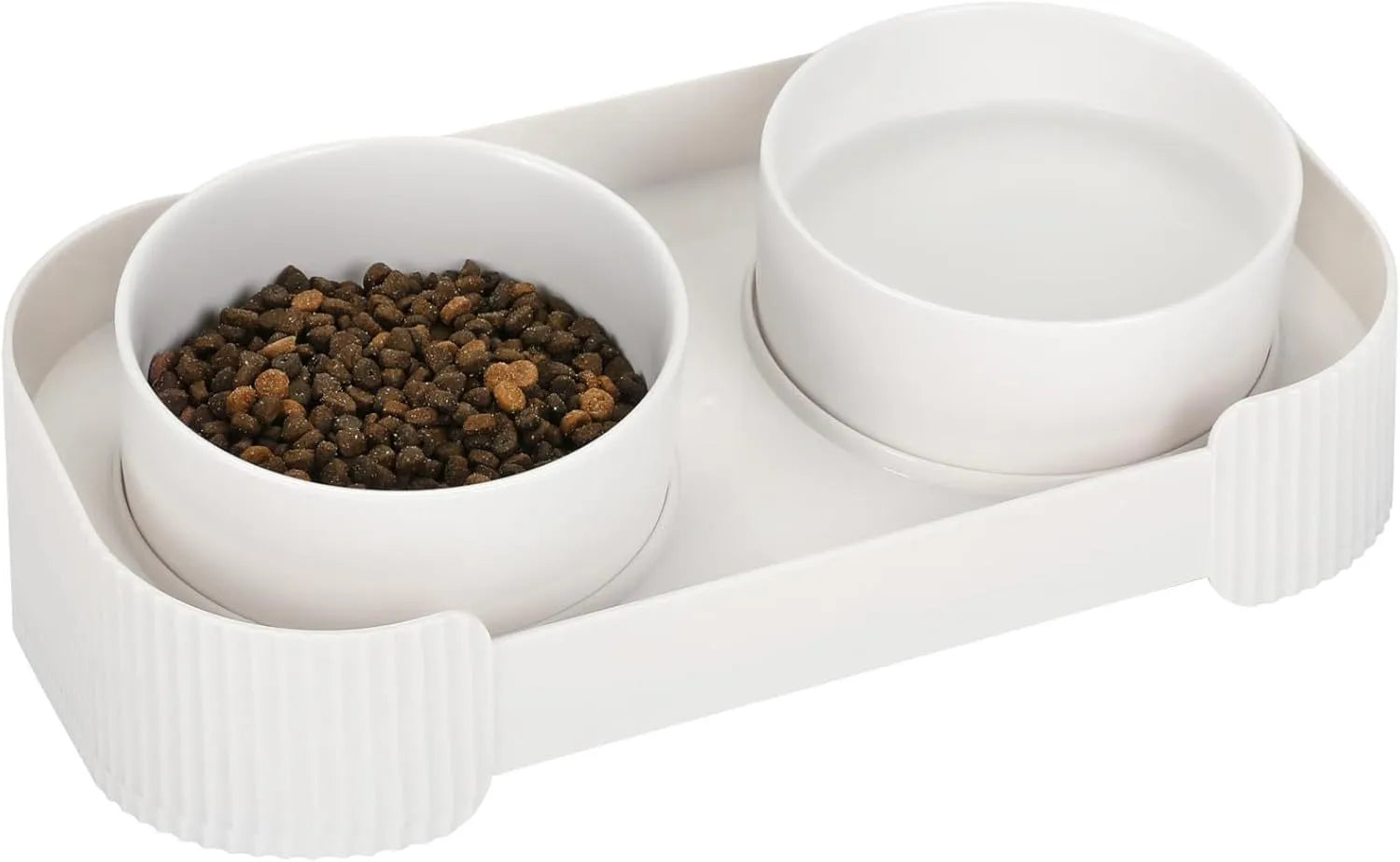 Green ceramic raised cat bowl set with two bowls on a tilted stand, showing non-slip base.