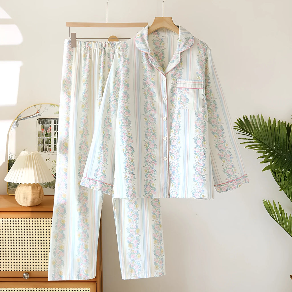Japanese sweet style ladies cotton gauze homewear two-piece set with long sleeves and trousers.