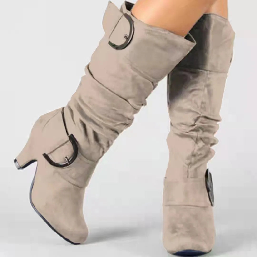 Women's brushed velvet suede high-cylinder boots with tapered heel, round toe, solid colour