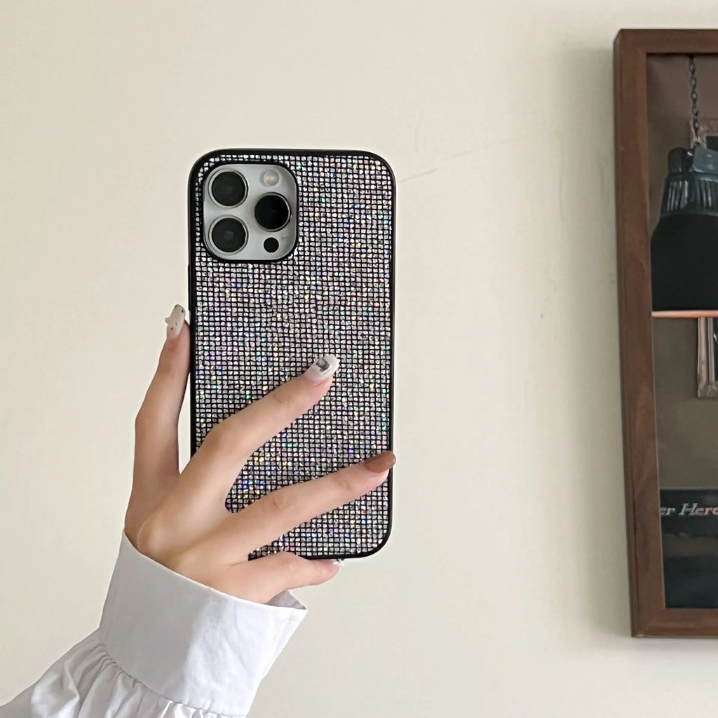Rhinestone all-inclusive iPhone case in white or black with leather-style matte finish and fall prevention design.