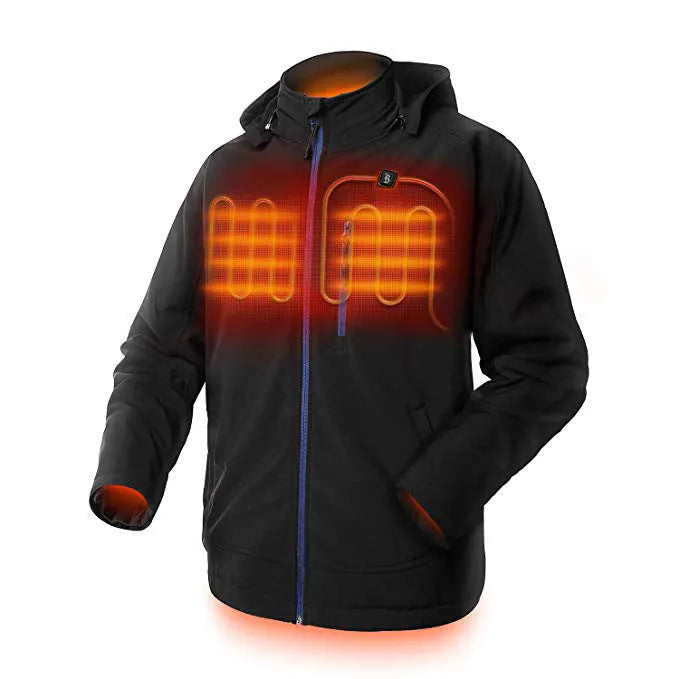 Black USB heated winter waterproof coat for men with zipper pockets and long sleeves