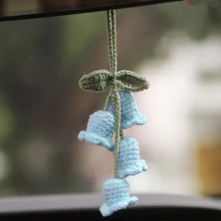 Green and white knitted car plant ornament with 8cm basin base and hanging rope for vehicle interiors