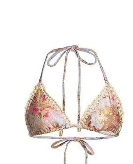 Women's floral pattern bikini set with skirt in creamy-white beige colour