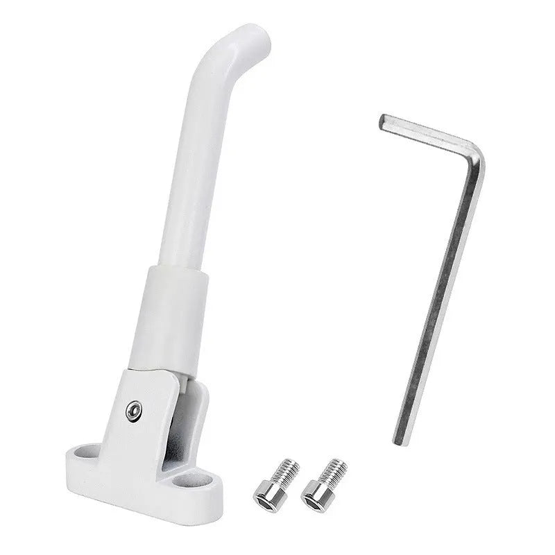 Aluminium alloy electric scooter foot brace accessory in black, white, and grey colours with screws and hex wrench.