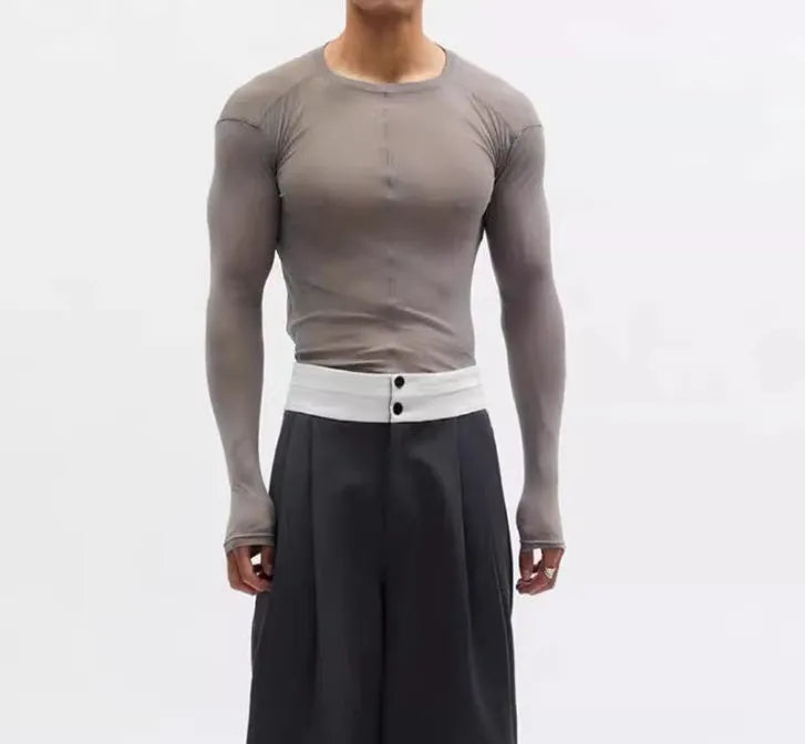 Black mesh see-through texture slim-fit long sleeve PU pullover top with round collar.