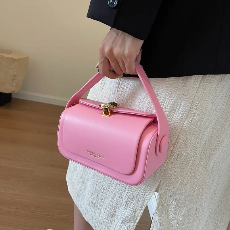 Personalised women's PU shoulder messenger bag with letter embroidery in beige, shown from the front.