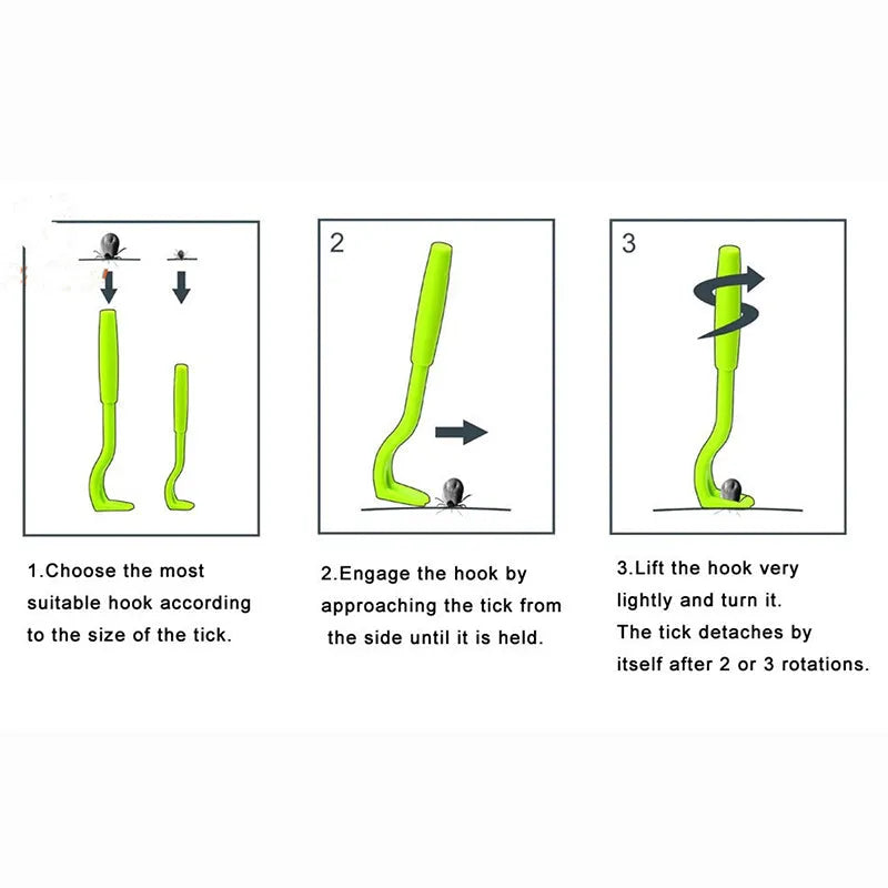Three plastic pet tick removal hook tools in blue and green colours