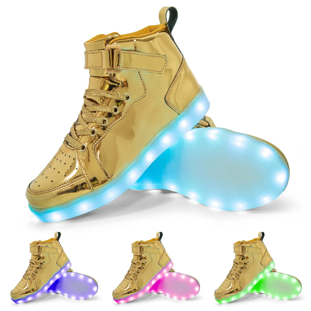 Black LED light-up high-top skate shoes with Velcro straps and glowing soles.
