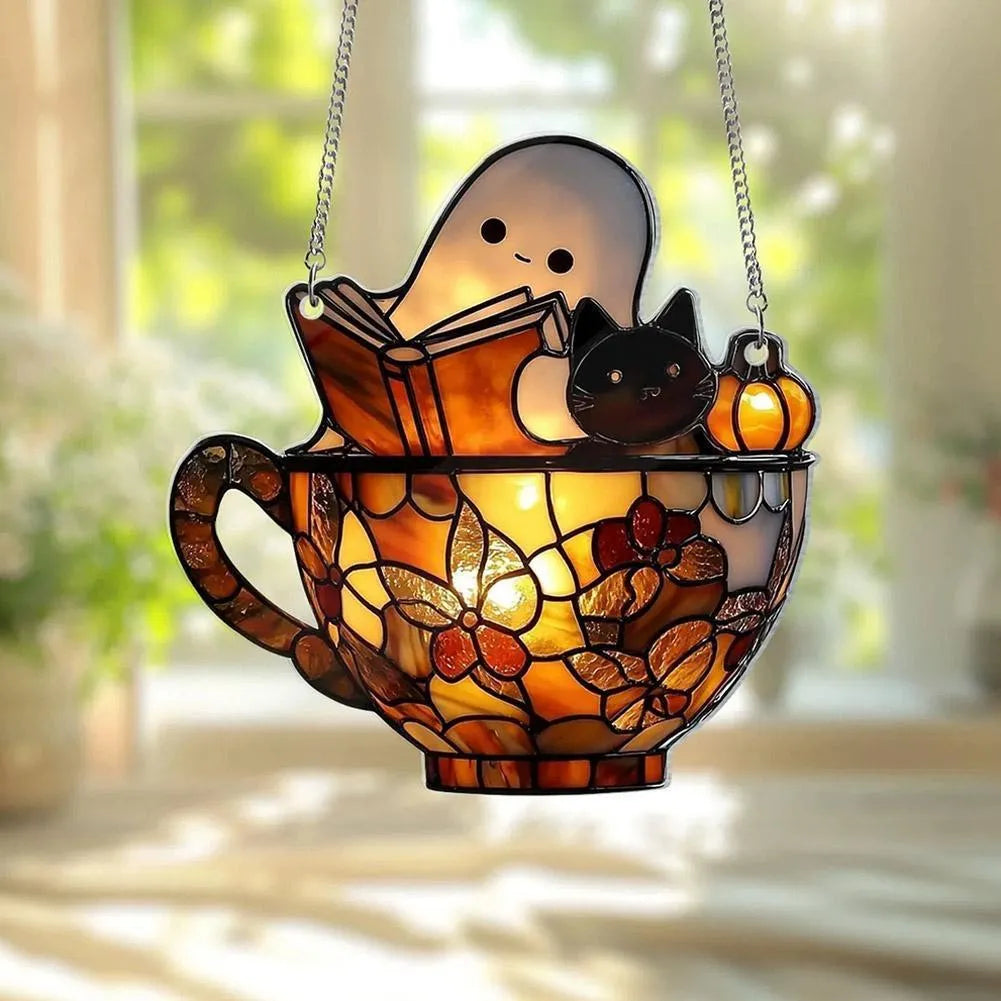 Acrylic ghost reading book suncatcher hanging decor with American style silhouette