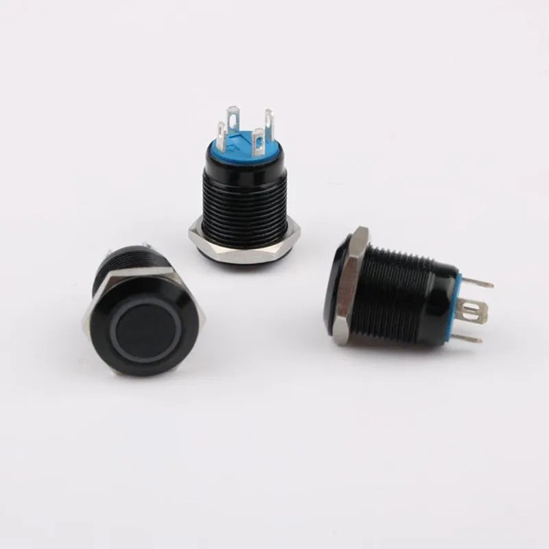 12mm self-reset waterproof metal button with light – silver contact, flat head, blue colour