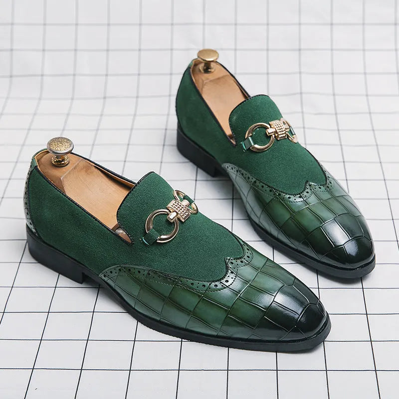 Men's black pointed toe leather casual shoes with low top and stitching detail.