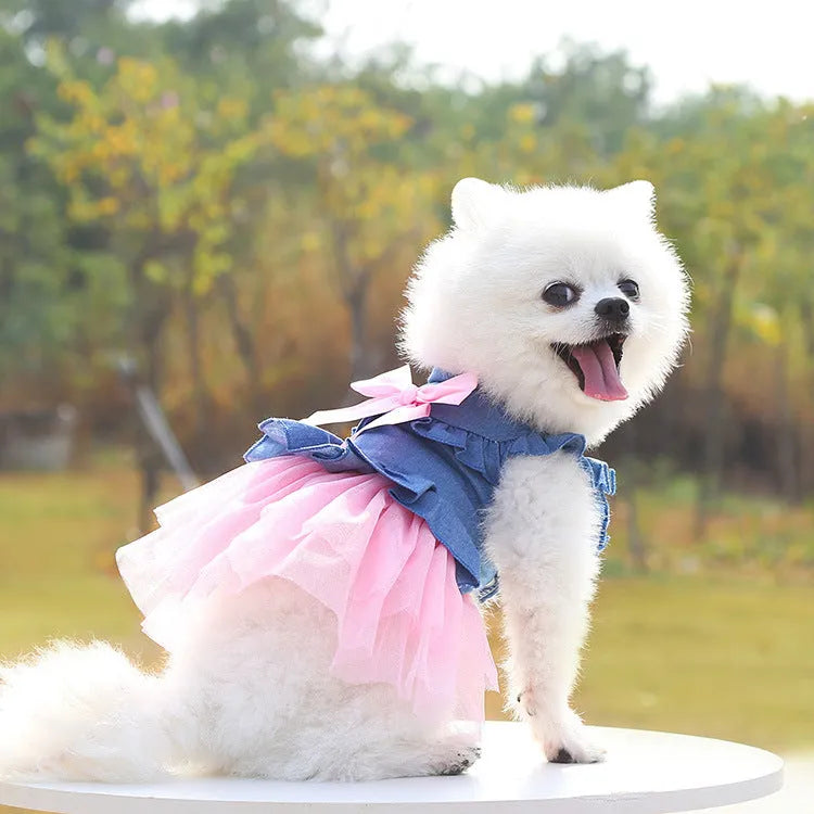 Korean version creative bow pet denim skirt in princess style for dogs, available in white or pink yarn