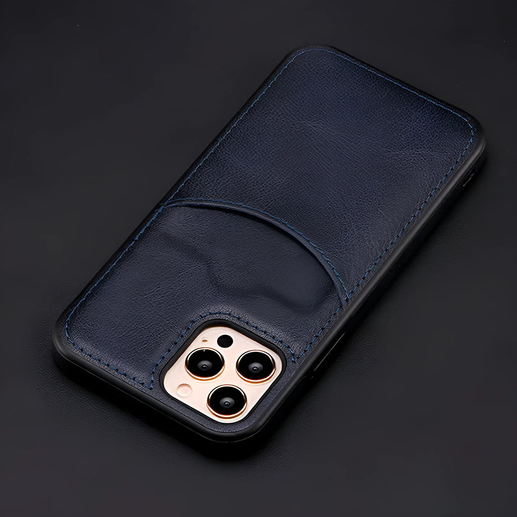 Dark blue PU leather protective case fitted on an iPhone showing precise button and port cutouts.