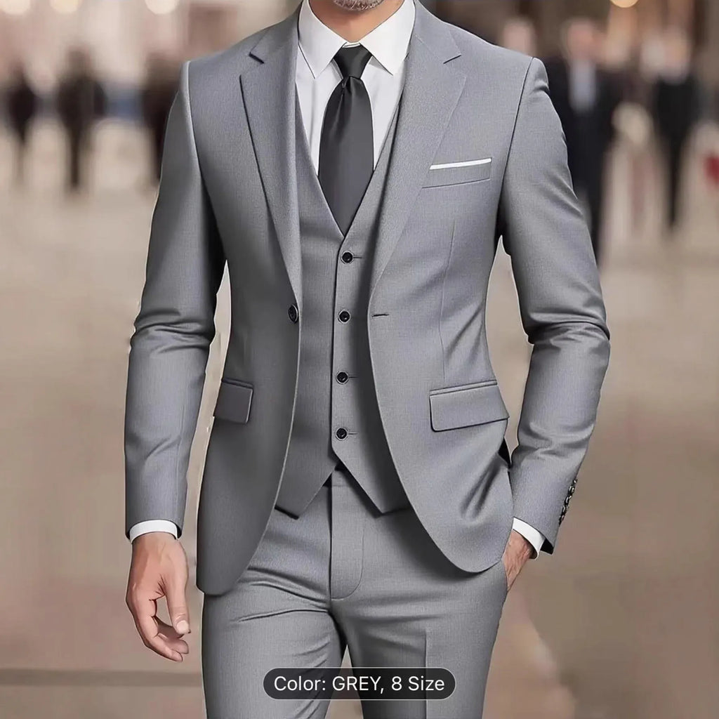 Men's three-piece suit set slim fit polyester formal wear in black, showing coat, vest, and trousers on a hanger