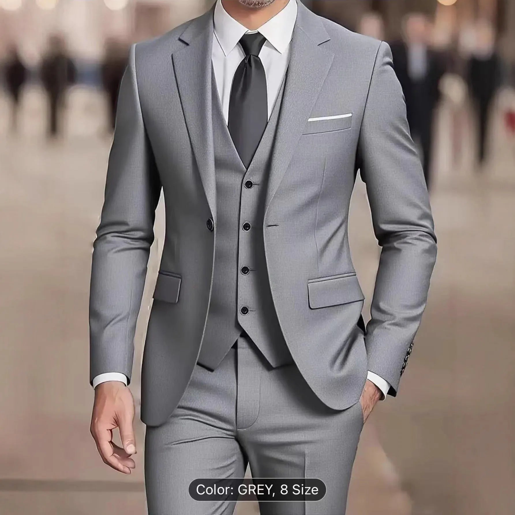 Men's three-piece suit set slim fit polyester formal wear in black, showing coat, vest, and trousers on a hanger