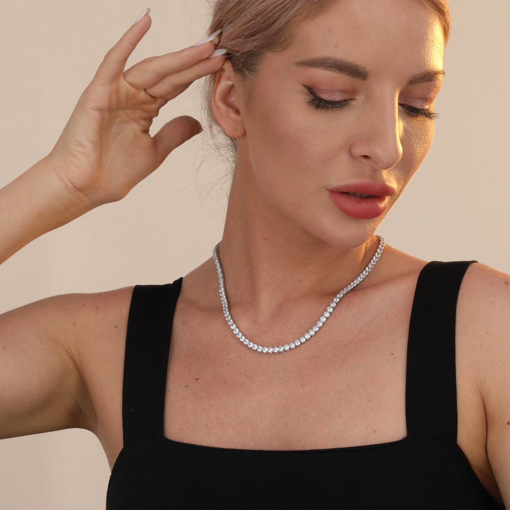 925 sterling silver tennis chain with 4mm cubic zirconia stones, white gold plated, silver colour