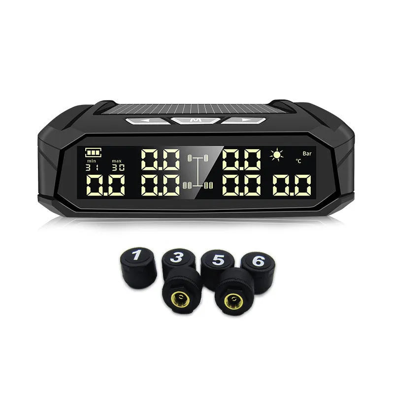 Solar-powered external tyre pressure monitor system for six tyres, showing colour digital display and sensors.