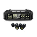 Solar-powered external tyre pressure monitor system for six tyres, showing colour digital display and sensors.
