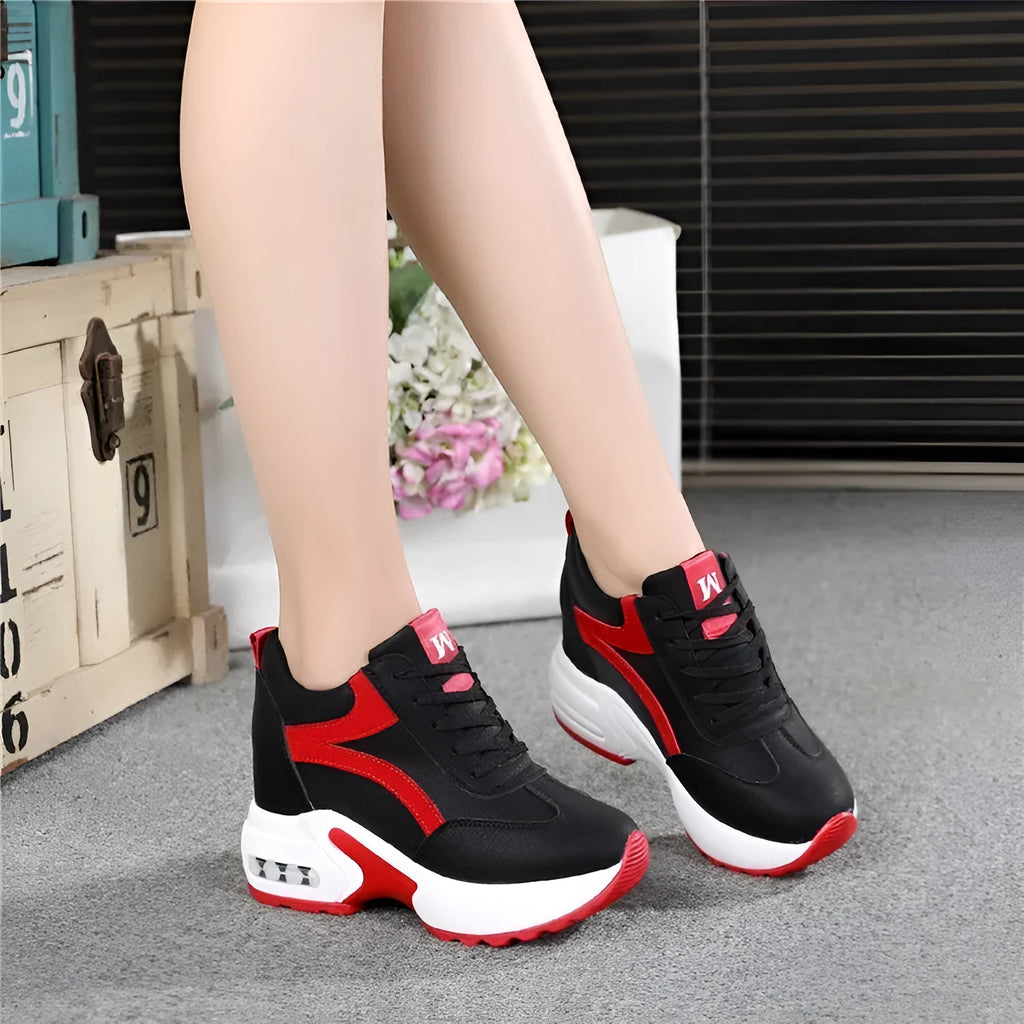 Women's height-increasing wedge platform pumps in black with round toe and 6-8CM heel from side view
