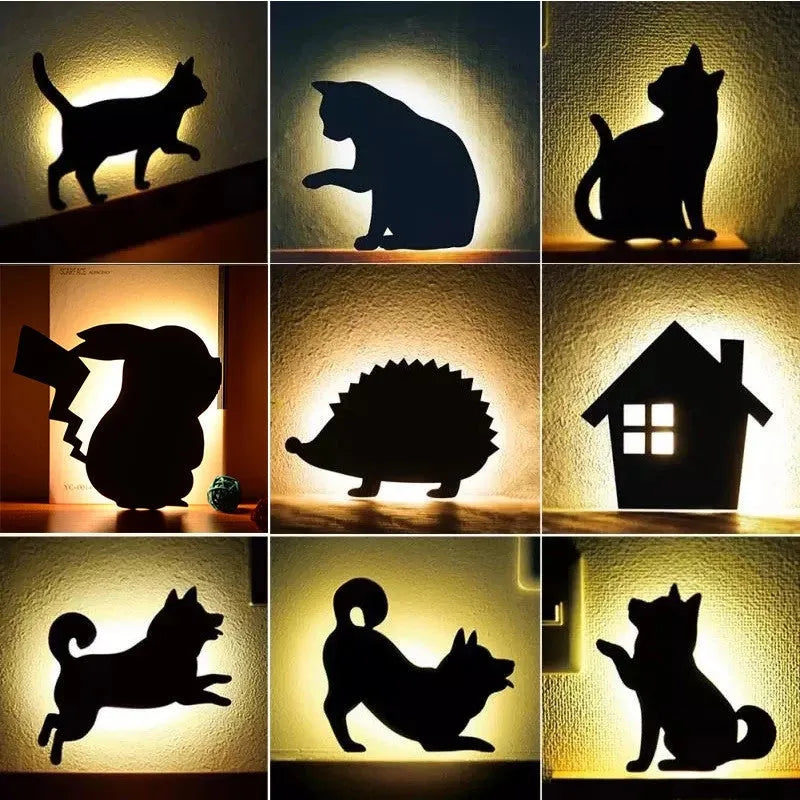 LED cat-shaped night light with sound sensor, warm yellow glow, acrylic shade, wall-mounted in a bedroom