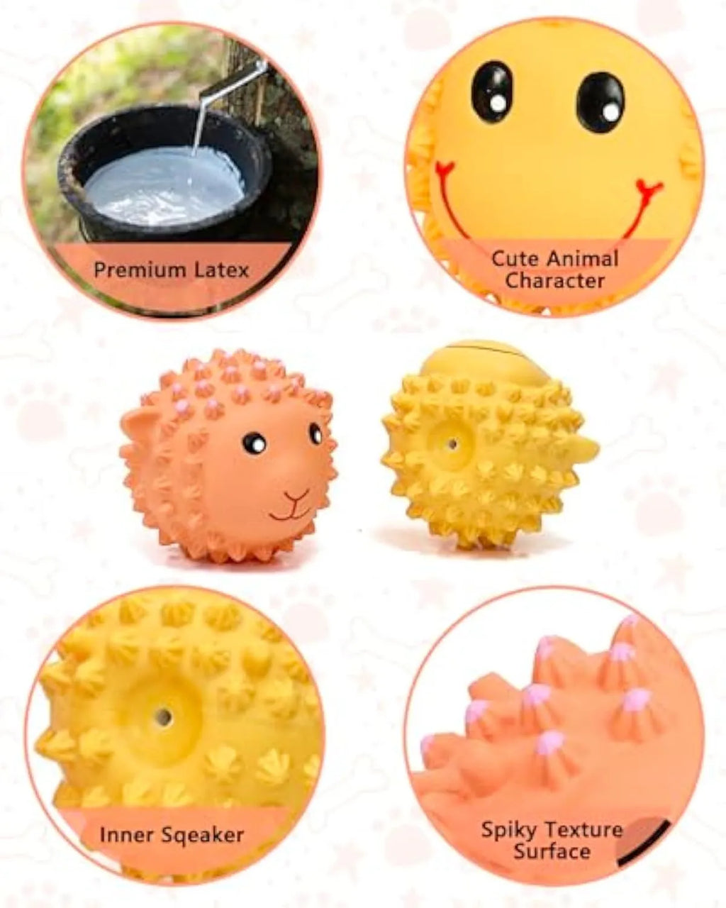 Orange and yellow spiky latex squeaky dog toy ball for small medium breeds