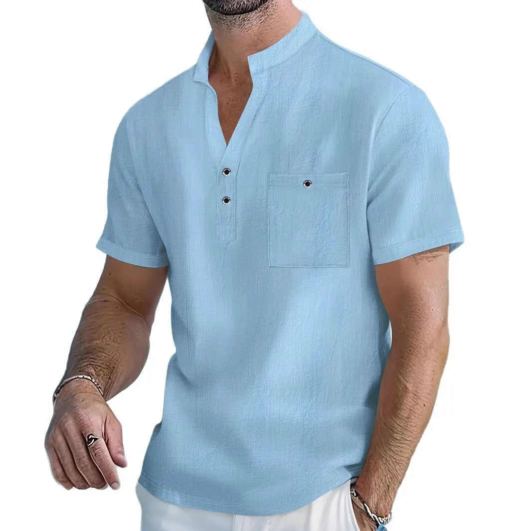 Men's apricot-coloured stand collar linen blend t-shirt on a hanger.