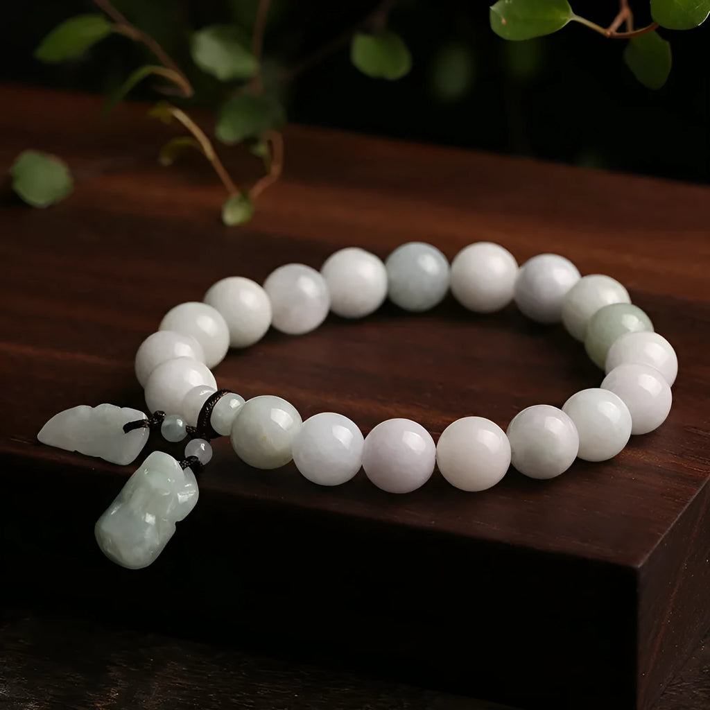 Natural green jade bracelet with geometric pendant featuring Maitreya Buddha design for women.