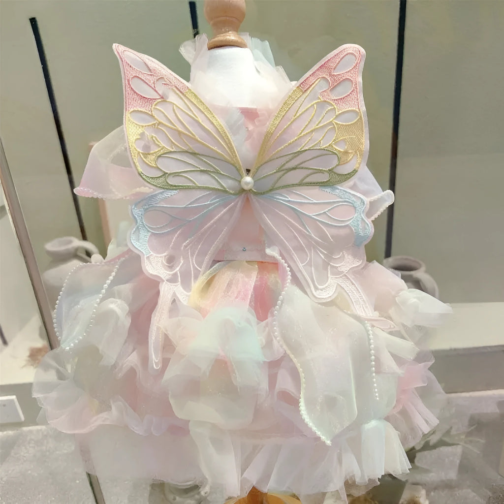 Girls fashion butterfly wings dress in polar fleece with rainbow fairy skirt for small dogs