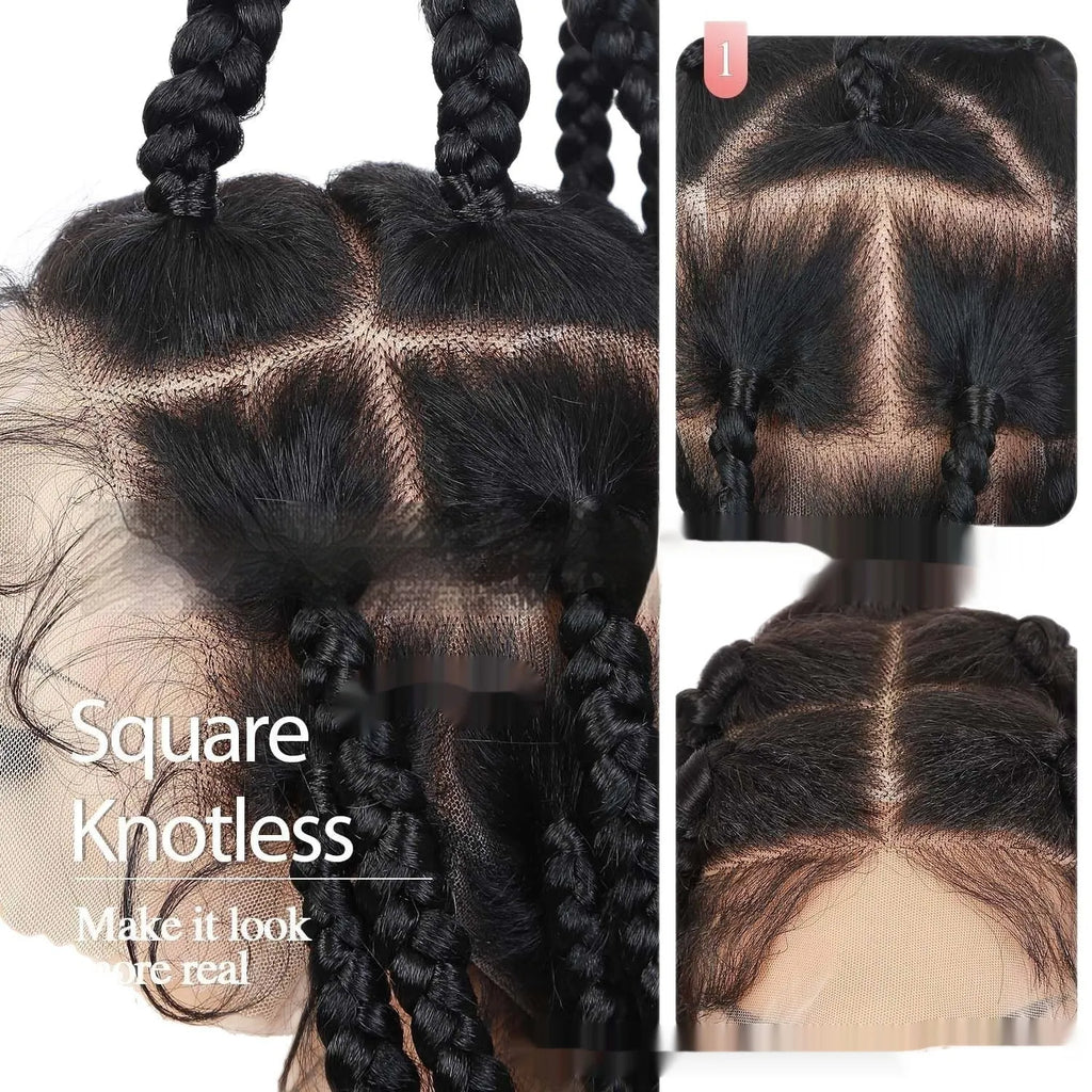 Hand-woven full lace synthetic fibre three-strand braid wig cap in natural black 1B, 36 inches long