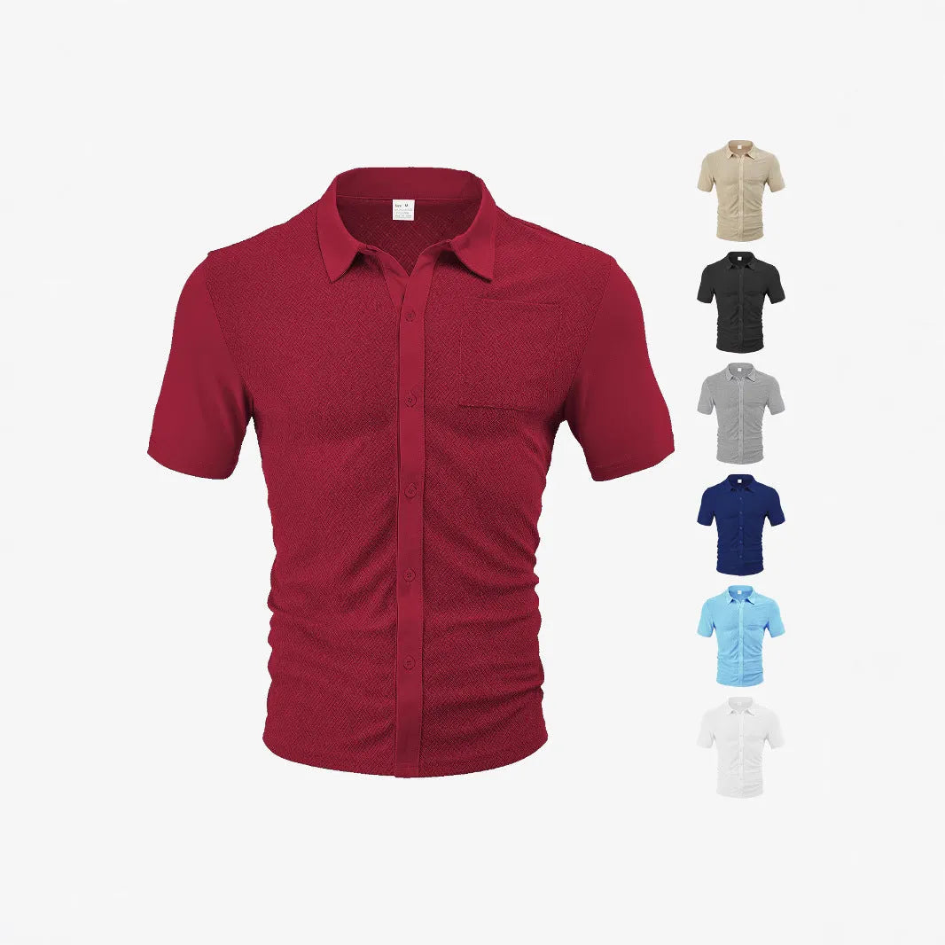 Loose breathable polyester jacquard lapel cardigan short sleeve casual top in white, front view