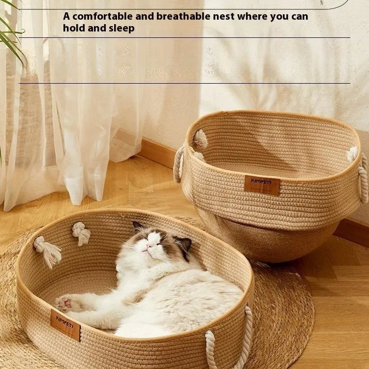 Woven cotton and linen cat nest basket, four seasons universal, medium or large, usable as cat scratch board