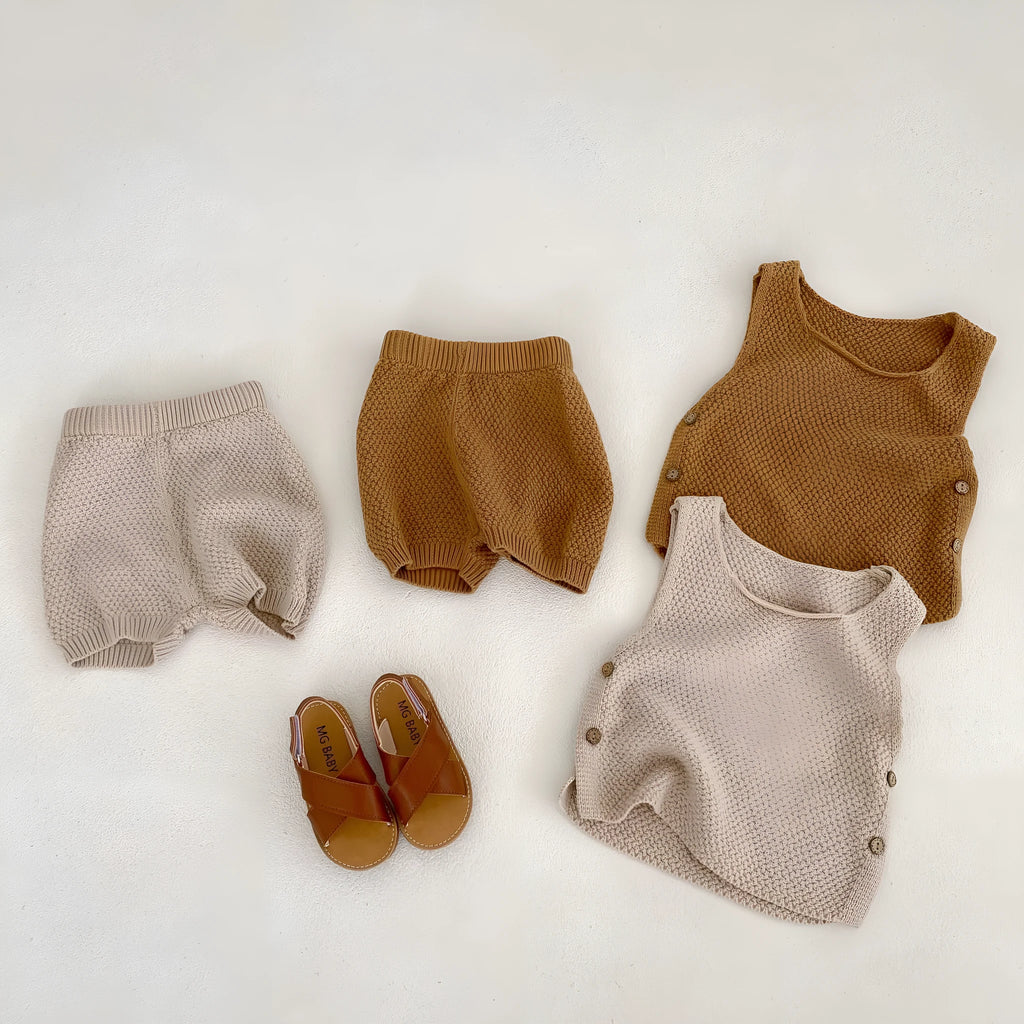 Baby cotton two-piece set with short-sleeved vest top and shorts in lead ancient grey or leaves yellow, sizes 66cm to 100cm