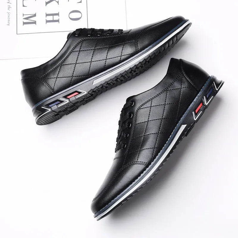 Non-slip casual sports shoes with round toe, square heel, lace-up front, artificial PU upper, rubber sole, black colour