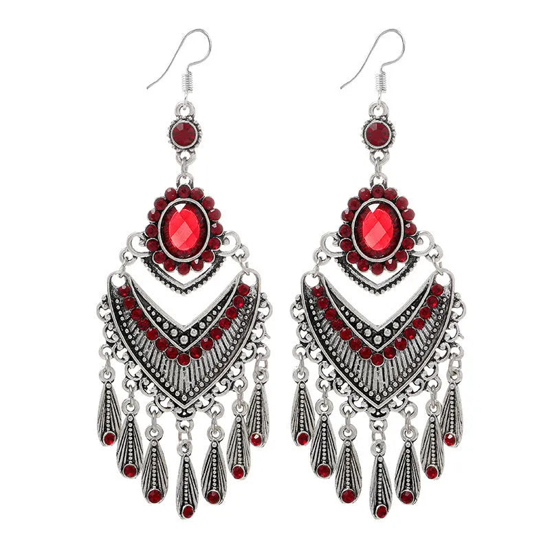 Retro long drop earrings with purple crystal fringes on an alloy setting.
