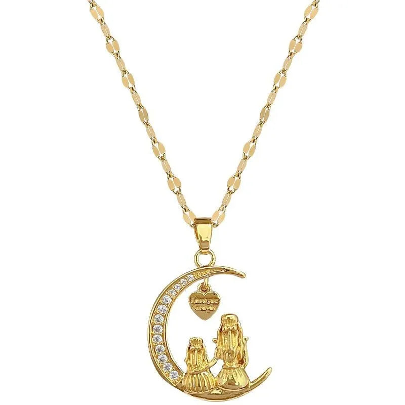 Gold 18K plated heart shape full diamond necklace with moon motif on twisted copper chain