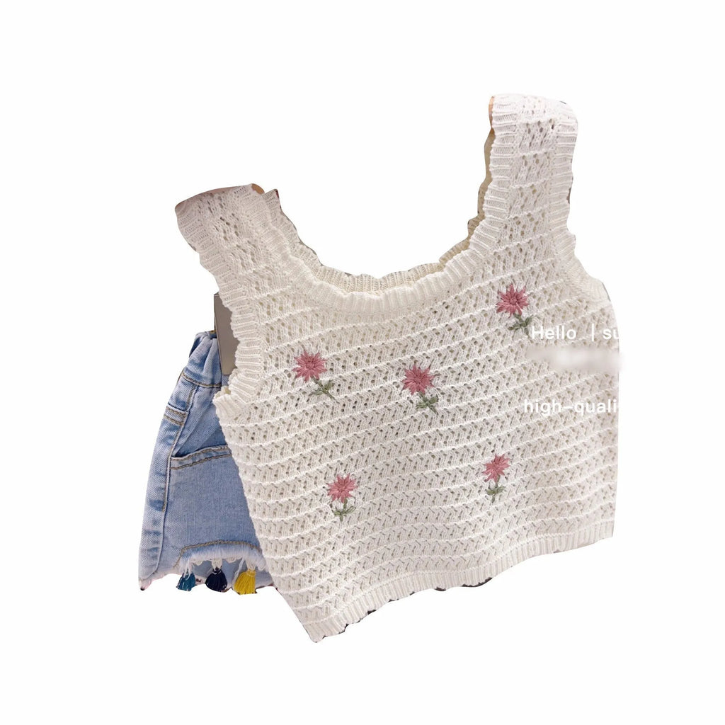 Hollow strap cotton children's vest in beige with floral pattern, pullover style for girls