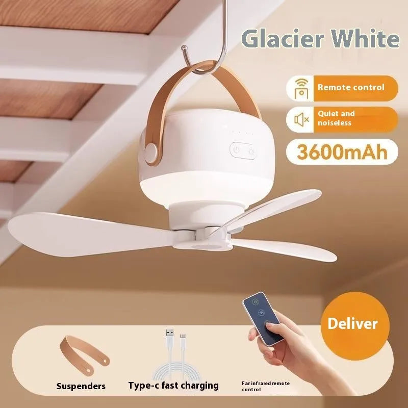 Rechargeable portable camping fan with night light, remote control, and hanging bracket on a blue background.
