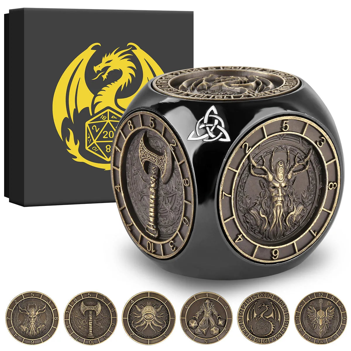 6-pack retro metal dice wheel gift box set with bronze, dark silver, and black finishes on a tabletop