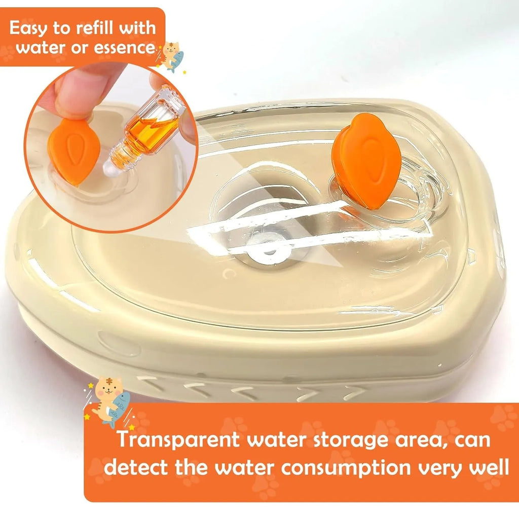 Yellow cat steam brush with silicone bristles, water tank, and ringworm detector lamp for pet grooming