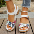 White women's high heel sandals with an adjustable Velcro strap buckle.