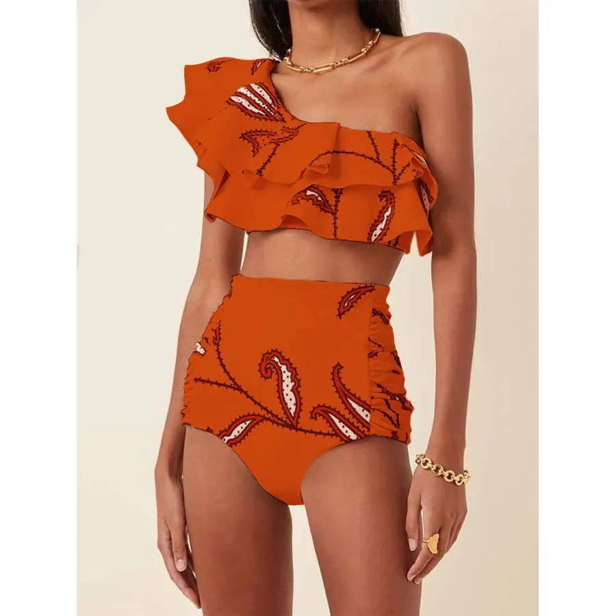 Women's printed bikini suit with oblique shoulder ruffles and high-waist briefs in multiple colours