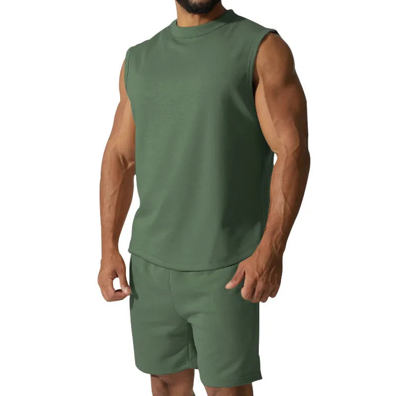 Men's sleeveless sports top and matching shorts casual set in cotton blend fabric