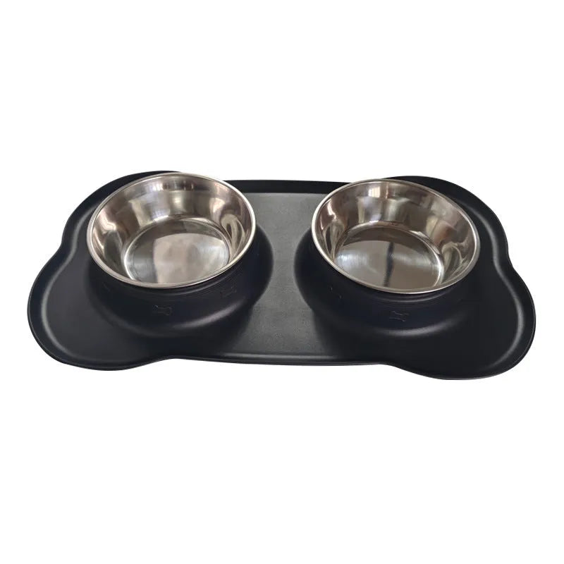 Large silicone pet bowl with stainless steel inserts in dual compartment design
